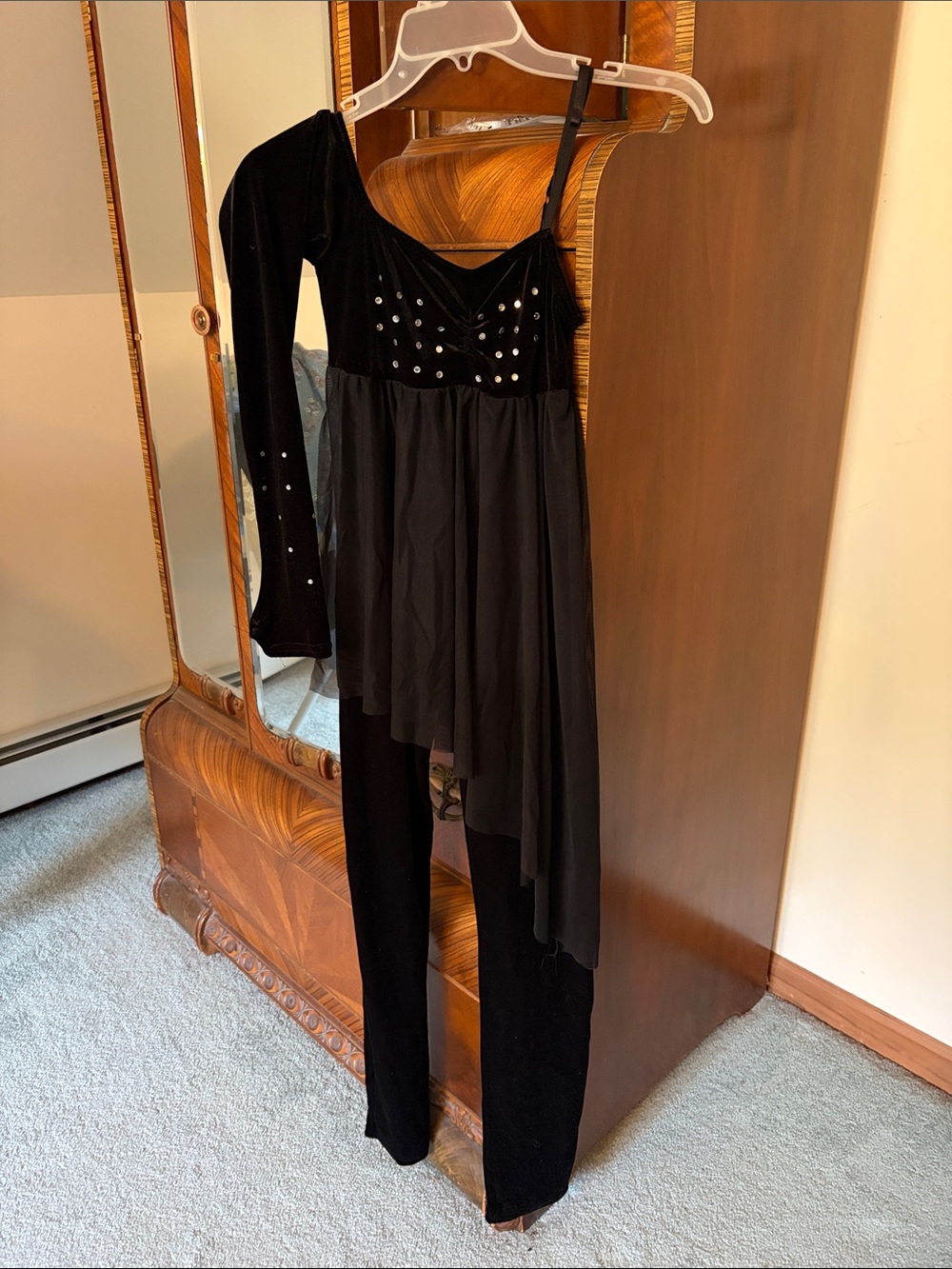 Black Velour One-Shoulder Jumpsuit with Chiffon Overlay Size Child Large